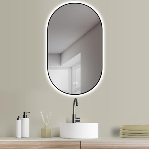 HOKO Design LED ANTIBESCHLAG Spiegel oval 45x75 cm Bologna+ Metall Rahmen Schwarz. HOCH+QUER Montage. Badspiegel LED beleuchtet + Touch Schalter + Lichtfarbe Einstellbare-Warmweiß-Kaltweiß-Neutral von HOKO