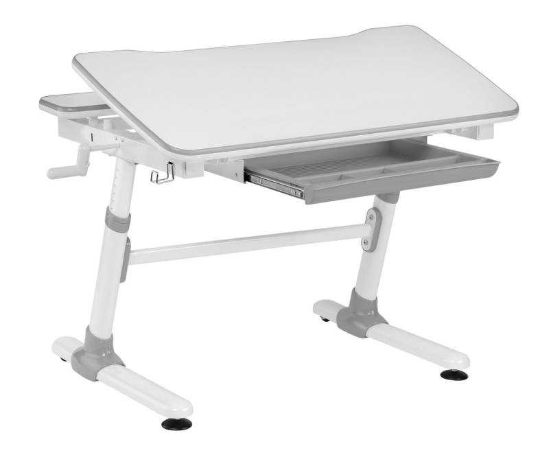 HOKO Kinderschreibtisch höhenverstellbar 58-80 cm, 98x70 cm, neigbare Tischplatte (0-25) (Schublade, ergonomischer Lernplatz für Kinder ab 6 Jahren, stabil & sicher, belastbar bis 100 kg (Weiß/Grau) von HOKO
