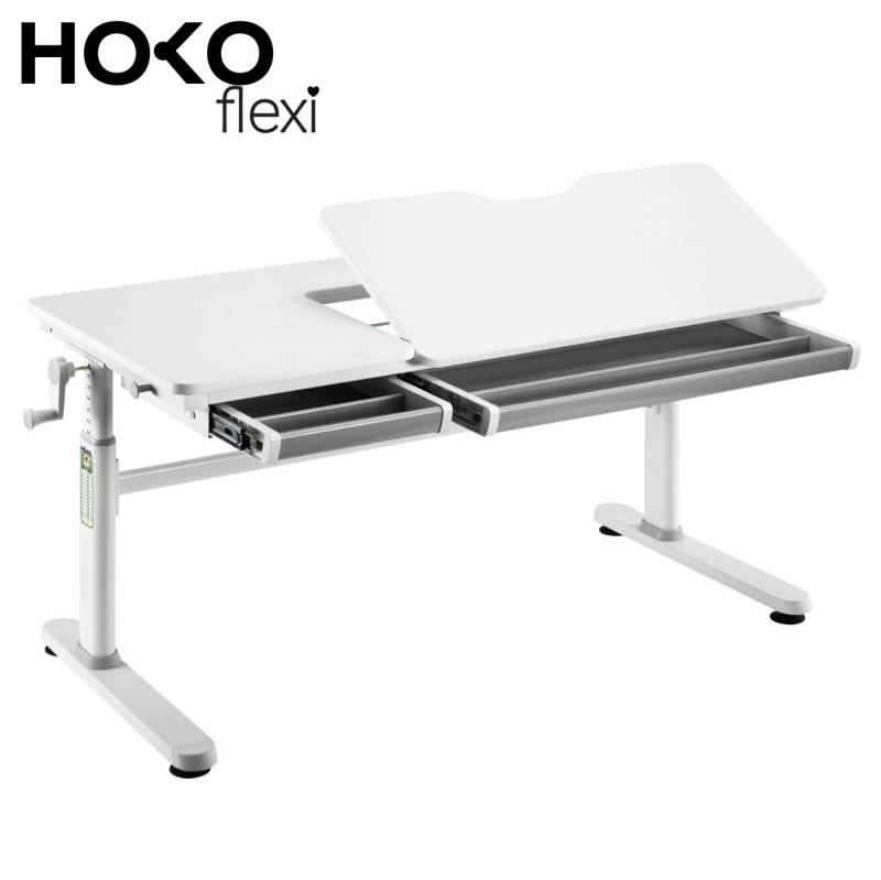 HOKO Kinderschreibtisch höhenverstellbar 54-76 cm, ergonomischer Schreibtisch (für Kinder & Jugendliche, 120x60 cm, neigbare Tischplatte mit Schubladen, stabil & belastbar bis 100 kg, Weiß, Holzfarben) von HOKO