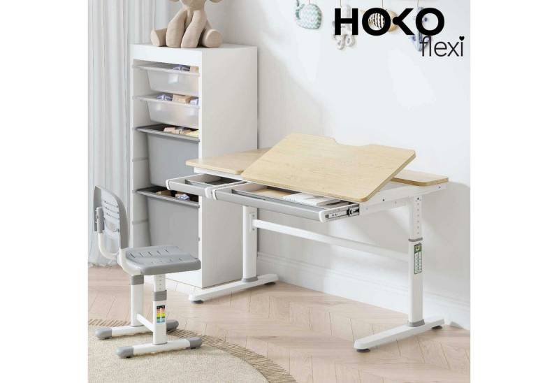 HOKO Kinderschreibtisch höhenverstellbar 54-76 cm, ergonomischer Schreibtisch (für Kinder & Jugendliche, 120x60 cm, neigbare Tischplatte mit Schubladen, stabil & belastbar bis 100 kg, Weiß, Holzfarben) von HOKO