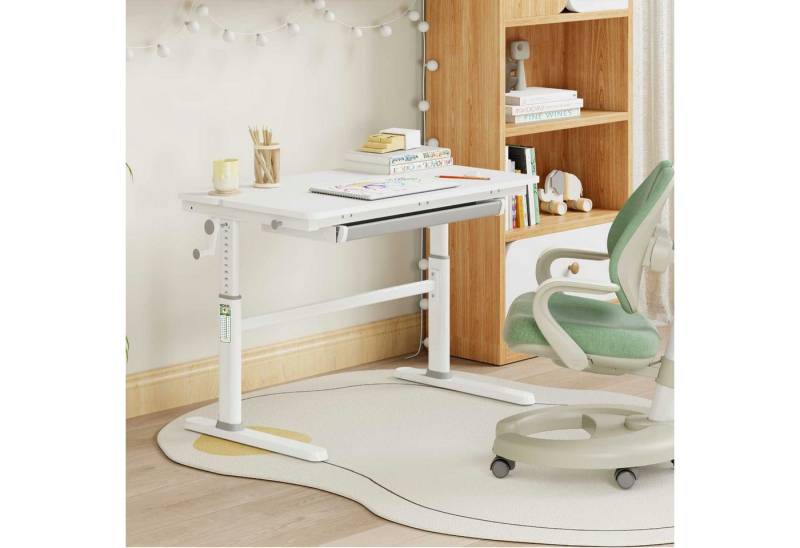 HOKO Kinderschreibtisch Ergo Jugend Schreibtisch höhenverstellbar 54-76 cm, 100x60 cm (ergonomischer Computertisch mit neigbarer Tischplatte (0-50) & Schublade, stabil & belastbar bis 100 kg, Weiß, Holzfarben) von HOKO