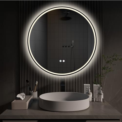 HOKO Wandspiegel Rund Schwarz Rahmen 60cm LED Badspiegel Beleuchtung,mit Antibeschlag und mit Touch Schalter+Memory Funktion+Licht Wechsel 2700-6500K von HOKO