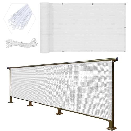 Balkon Sichtschutz Ohne Bohren 80 x 320 cm Windschutz Staubschutz Schattierwert Balkonsichtschutz Meterware mit Ösen, Kabelbinder Sichtschutz für Balkon, Weiß von HOKXUAN