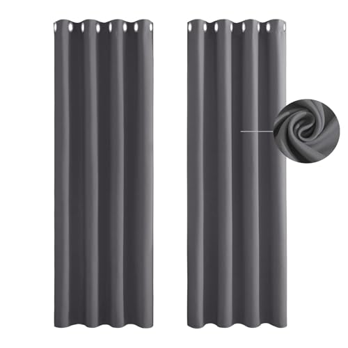 Gardinen mit Kräuselband Blickdicht 250 x 200 cm Thermo Vorhang Kälteschutz Blackout Verdunkelung Fenstervorhang 2Er Set für Schiene Blackout Curtains, Dunkelgrau von HOKXUAN
