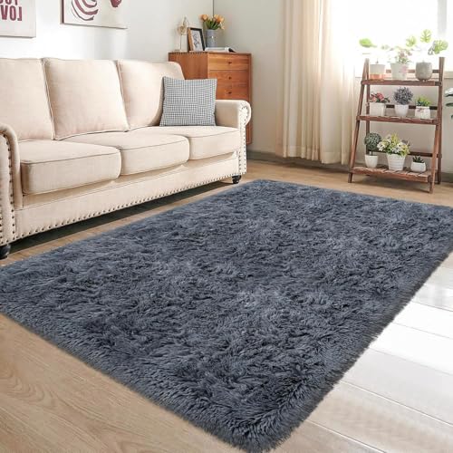 HOKXUAN Teppich Kurzflor 190 x 210 cm Extra Weich, Pflegeleicht Schlafzimmerteppich, Wohnzimmerteppich Modernes Einfarbiges Design Fürs Wohnzimmer, Schlafzimmer, Dunkelgrau von HOKXUAN