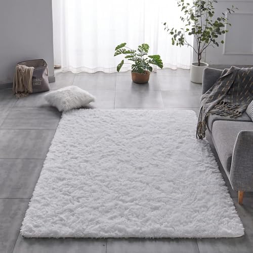 HOKXUAN Teppich Wohnzimmer Hochflor 120 x 130 cm Extra Weich, Pflegeleicht Gemütlicher & Weicher Wohnteppich Modernes Einfarbiges Design für Küche, Schlafzimmer, Weiß von HOKXUAN
