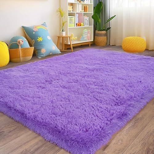 HOKXUAN Teppich Wohnzimmer Waschbar 120 x 140 cm Extra Weich, Pflegeleicht Teppich Läufer Läufer Flur Teppich Modernes Einfarbiges Design für Schlafzimmer Kinderzimmer, Lila von HOKXUAN