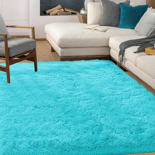 HOKXUAN Teppich Wohnzimmer Waschbar 120 x 140 cm Kurzflor,Anti-Rutsch Rückseite Teppich Wohnzimmer Schlafzimmer Teppiche Modernes Einfarbiges Design für Schlafzimmer Kinderzimmer, Himmelblau von HOKXUAN