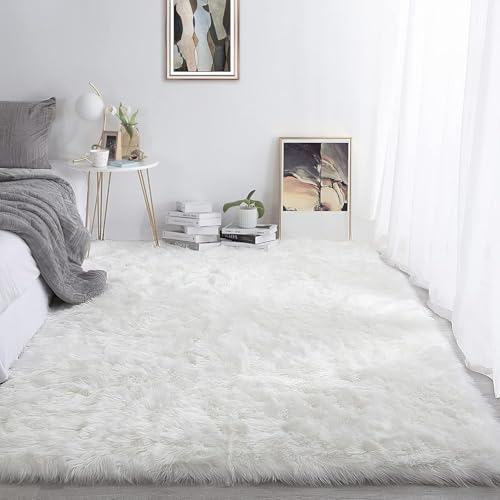 HOKXUAN Waschbarer Teppich Wohnzimmer 110 x 200 cm Anti-Rutsch Unterseite, Soft Waschbarer Teppich für Schlafzimmer Modernes Einfarbiges Design für Schlafzimmer Kinderzimmer, Weiß von HOKXUAN
