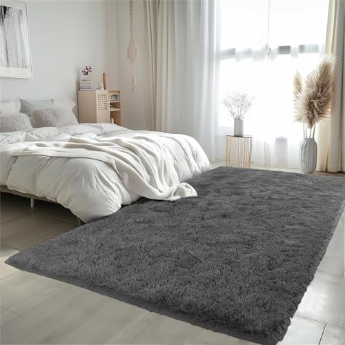 Waschbarer Teppich Wohnzimmer 200 x 90 cm Kurzflor rutschfest Flauschig Carpet Ultra Weich Hochflor Langflor Teppiche Modernes Einfarbiges Design für Schlafzimmer Kinderzimmer, Dunkelgrau von HOKXUAN