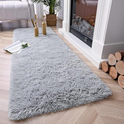 Shaggy Hochflor Teppich Läufer Flur 60 x 240 cm Kurzflor Rutschfest Flauschig Shaggy Hochflor Teppich Flauschig-Weiche Teppiche Modernes Einfarbiges Design für Schlafzimmer Kinderzimmer, Hellgrau von HOKXUAN