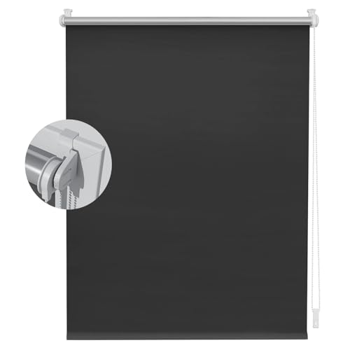 Thermorollo Ohne Bohren Klemmfix 90 x 50 cm Hitzeschutz Und Sichtschutz, Seitenzugrollo Klemmrollo Fenster Verdunkelung Inkl. Klemmträger Blickdicht Rollo für Fenster & Tür, Schwarz von HOKXUAN