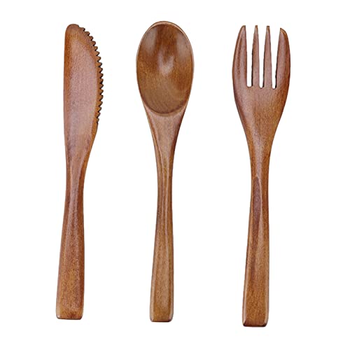 3-teiliges Holzbesteck-Set, Wiederverwendbares Phoebe-Messer-Gabel-Löffel-Set mit Geradem Griff, Hölzernes Essbesteck-Set für Den Heimgebrauch von HOKZYHOUSE