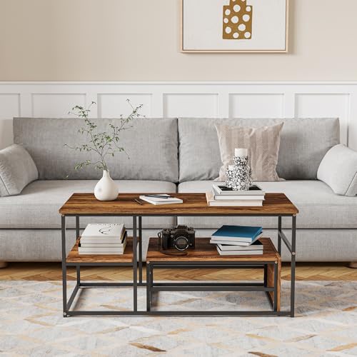 HOKZYHOUSE Industrieller Couchtisch mit 2 Ebenen, 105x52cm Holzoptik Tischplatte, Metallgestell, 50kg Belastbarkeit, Verstellbare Füße von HOKZYHOUSE