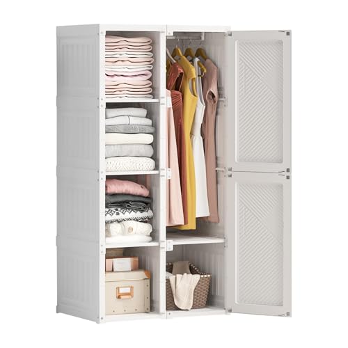 HOKZYHOUSE Kleiderschrank mit 8 Fächern, 6 Türen, 470L Kapazität, 69x50x136cm, Magnetverschluss, Weiß von HOKZYHOUSE