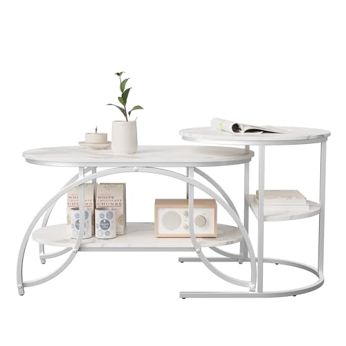 HOKZYHOUSE Moderner Beistelltisch mit 3 Ebenen, Marmormuster, 80x52cm Tischplatte, 50kg Belastbarkeit, Metallgestell, Weiß von HOKZYHOUSE