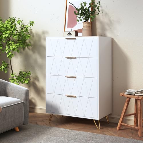 HOKZYHOUSE Moderner Kommode mit 4 Schubladen, 90 x 60 x 34 cm, Weiß mit Goldenen Griffen, Anti-Kipp-Sicherung von HOKZYHOUSE