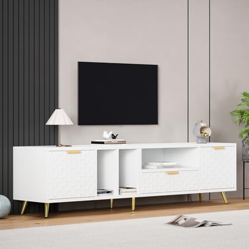 HOKZYHOUSE TV-Ständer für Wohnzimmer, 180 x 40 x 41 cm, Vertikal mit Wabenmuster, Aufbewahrungsfächer, für Fernseher bis 80 Zoll, Weiß von HOKZYHOUSE