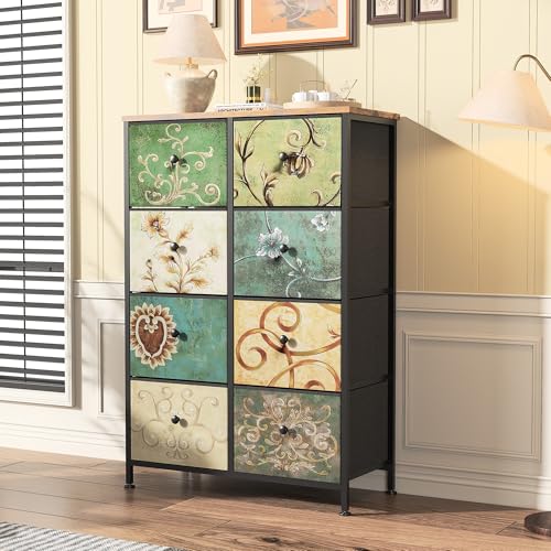 HOKZYHOUSE Vintage Kommode mit 8 Schubladen, Blumenmuster, 67,5x30x100 cm, Schwarz-Grün von HOKZYHOUSE