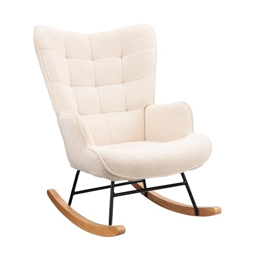 Moderner Schaukelstuhl mit Sherpa-Bezug, 68 x 92 cm, Holzkufen, Beige von HOKZYHOUSE