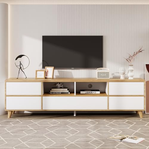 TV-Lowboard Wohnzimmermöbel, Landhausstil, mit Fächern und Türen, Weiß und Holzfarben TV-Lowboard Wohnzimmermöbel, Landhausstil, mit Fächern und Türen, Weiß und Holzfarben von HOKZYHOUSE