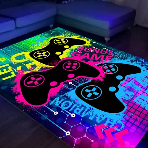 HOLAVIDA Neon Spiel Teppiche Gegend, 3D Schwarzlicht UV-Reaktiver Spiel Controller Teppich, Rutschfeste Fluoreszierende Bodenmatte, Leuchtet im Dunkeln Spielmatte für Kinder Spielzimmer 180x120cm von HOLAVIDA