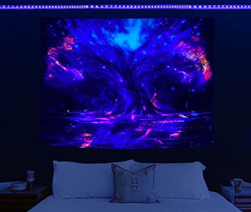HOLAVIDA Psychedelischer Baum des Lebens Wandteppich, fluoreszierend, UV-leuchtend, Wandbehang, Schlafzimmer, Ästhetik für Wohnzimmer, Schlafsaal (150 cm x 130 cm) von HOLAVIDA
