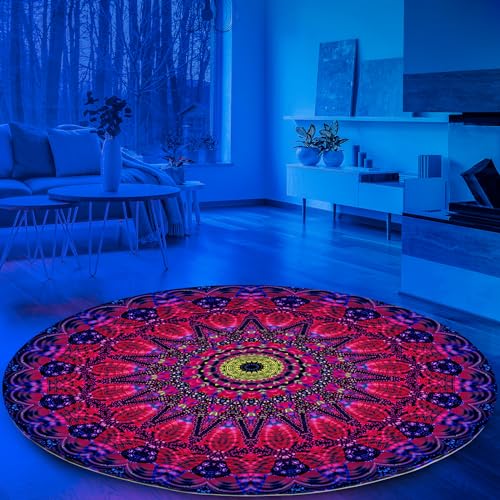 HOLAVIDA Schwarzlicht Mandala Teppich, Großer Runder UV-Reaktiver Leuchtender Teppich, Rutschfeste Fluoreszierende Wurfmatte, Leuchtet im Dunkeln, Boho-Bodenmatte für Schlafzimmer Wohnzimmer 160x160cm von HOLAVIDA