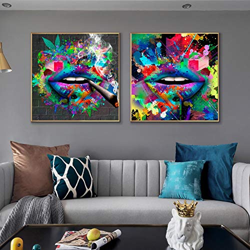 Abstrakte Graffiti-Kunst auf Leinwand, bunte Lippen, Straße, Wandkunst, Bilder, Poster und Drucke, Wohnzimmer, Heimdekoration, 80 x 80 cm (32 x 32 Zoll) x 2 Stück, Ohne Rahmen von HOLEILUCK
