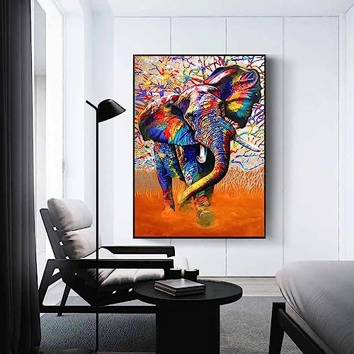 Abstrakte bunte Elefanten-Wandkunst, Poster und Drucke, Tiere, Graffiti-Kunst, nordisches Bild, Wandgemälde für Wohnzimmer, 80 x 135 cm/31 x 53 Zoll, mit schwarzem Rahmen von HOLEILUCK