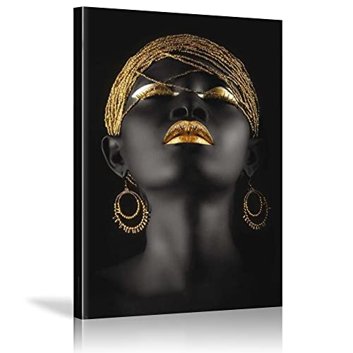 Afrikanische Frau auf Leinwand, gerahmt, skandinavische Wandkunst, Bilder, Drucke, schwarze Mädchen mit goldenem Kopfschmuck, Gemälde, 60 x 97 cm (23,6 x 38,2 Zoll) mit Rahmen von HOLEILUCK