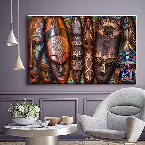 Afrikanische Maske, Leinwand, ethnischer Druck, Stammesmaske, Wandkunst, Gesichtsmaske, Dekoration, Afrika-Kunstwerk, Dekoration, Poster und Drucke für Zimmer, 75 x 120 cm (30 x 48 Zoll), Ohne Rahmen von HOLEILUCK