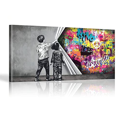 HOLEILUCK Banksy Graffiti-Kind Ungedeckte Gerechtigkeit, übergroßer Wand-Kunstdruck, Junge hinter dem Vorhang, Bilddekoration, 27,56 x 57,09 Zoll (70 x 145 cm), mit Rahmen von HOLEILUCK