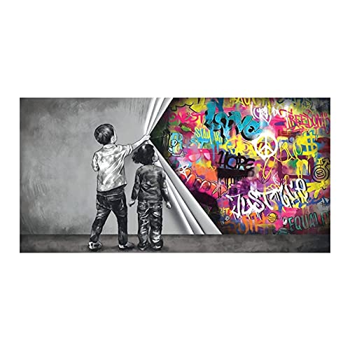 Banksy Graffiti-Kind Ungedeckte Gerechtigkeit, übergroßer Wand-Kunstdruck Junge hinter dem Vorhang Bilddekoration Rahmenlose Kunst-Wanddekoration 70x140cm/28x55in Ohne Rahmen von HOLEILUCK