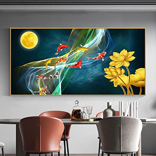 Chinesischer Stil Koi Glückskarpfen Leinwand Gemälde Goldener Fisch Weinglas Restaurant Zimmer Wanddekoration Übergroßes Bild 80x162cm/32x64in Goldener Rahmen von HOLEILUCK