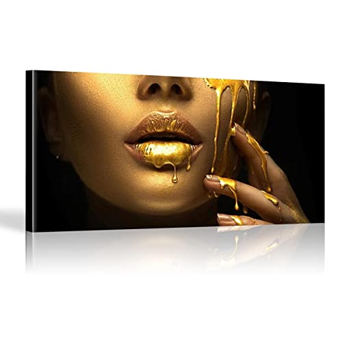 Frauengesicht mit goldener Flüssigkeit auf Leinwand, Gold und Schwarz, Wandkunst, Lippen, Drucke, übergroße Bilder, Raumdekoration, 80 x 168 cm (32 x 67 Zoll) mit Rahmen von HOLEILUCK