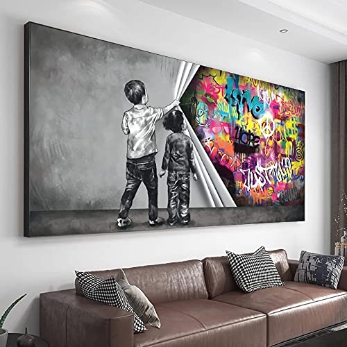 Graffiti Child Uncovered Justice Canvas Painting Modern Abstract Oversized Print Wall Art Picture for Room Decor Cuadros 85x170cm(33.46x66.93in) withframe von HOLEILUCK