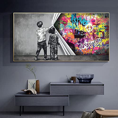 HOLEILUCK Graffiti Child Uncovered Justice Leinwanddruck Poster Großes Wandkunstbild für Heimdekoration 90 x 180 cm (36 x 72 Zoll) Mit Rahmen von HOLEILUCK