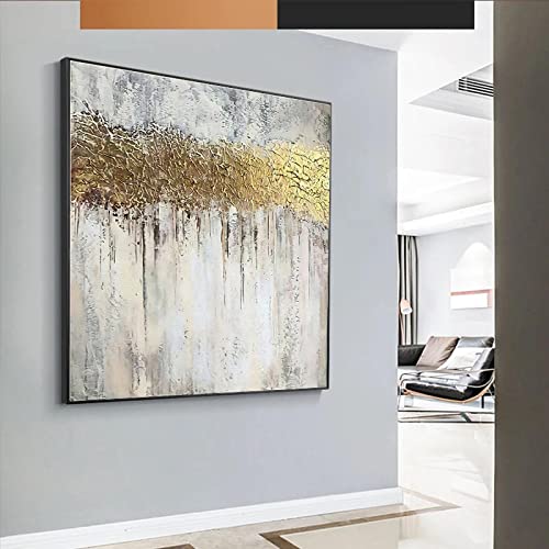 Großes Wandbild auf Ölgemälde, vertikal, luxuriös, goldfarben, abstrakte Kunst, Poster, Druck, Deko für minimalistische Wohnzimmerdekoration, 45 x 45 cm (18 x 18 Zoll) mit Rahmen von HOLEILUCK