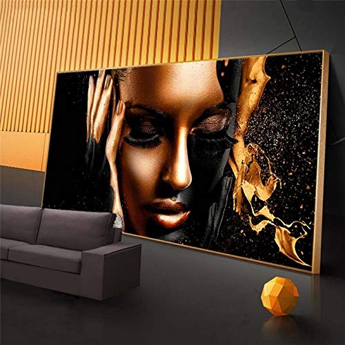 Großes schwarzgoldenes afrikanisches Frauengemälde auf Leinwand mit goldenem Rahmen, Drucke, moderne Kunst, Wandbilder für Zuhause und Wohnzimmer, 80 x 180 cm/31 x 71 Zoll, mit goldenem Rahmen von HOLEILUCK