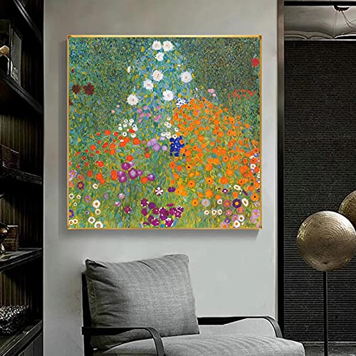 Gustav Klimt Blumengarten Leinwand Gemälde Berühmte Kunstwerke Poster und Drucke Wandkunst Bild für Wohnzimmer Dekor 45 x 45 cm (18 x 18 Zoll) mit Rahmen von HOLEILUCK