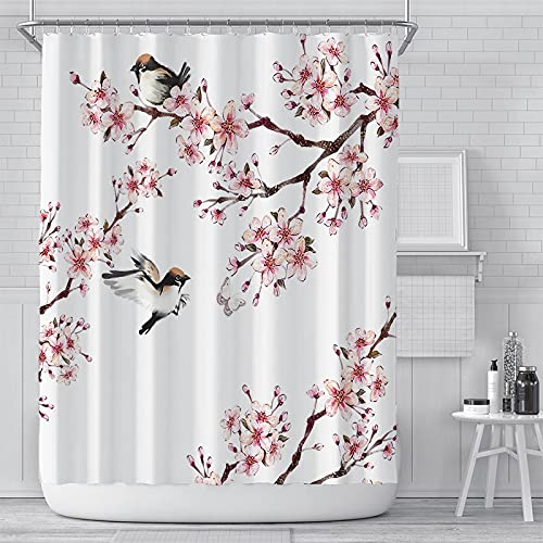 HOLEILUCK 3D Duschvorhang Rosa Kirschblüte Pfirsichblüten Duschvorhang Weißer Hintergrund Mädchen Badezimmer Wasserdicht Polyester Tuch Bildschirm Mit Haken 31x71in/78x180cm(WxL) von HOLEILUCK