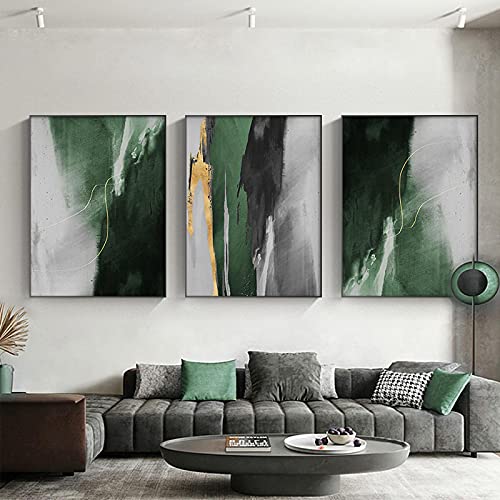 HOLEILUCK Abstrakte moderne grüne und goldene Folienkunst auf Leinwand, 3-teilig, nordische Drucke, Wandkunst, Bilder für Wohnzimmerdekoration, 90 x 135 cm/35 x 53 Zoll x 3 Stück, ungerahmt von HOLEILUCK