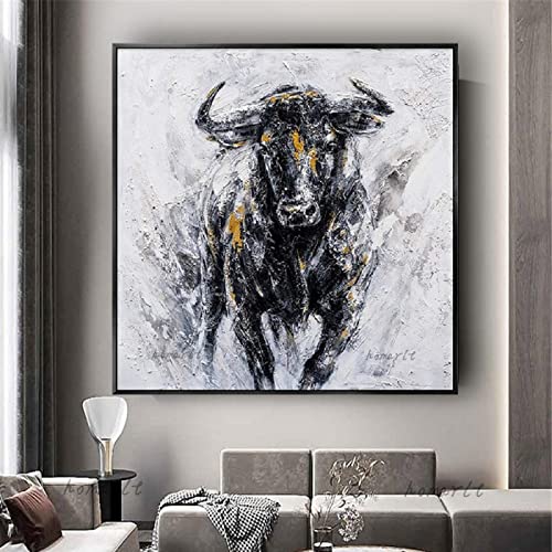 HOLEILUCK Abstraktes Tierölgemälde Spanischer Stier Wandkunst Bild Cartoon Kuh Auf Leinwand Gemälde Dekor Wohnzimmer 95x95cm/37x37in Schwarzer Rahmen von HOLEILUCK
