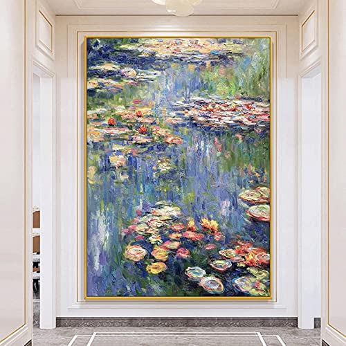 HOLEILUCK Berühmte Monet Ölgemälde Abstrakte Blume Seerose Seeblick Lila Leinwand Gemälde Wohnzimmer Dekoration Wandbild 90x142cm(35.4x55.9in) Withframe von HOLEILUCK