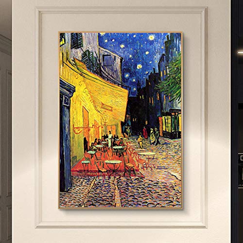 HOLEILUCK Cafe Terrace at Nigh von Van Gogh Gemälde, Druck auf Leinwand, gespannt und gerahmt, Van Gogh berühmte Kunstbilder, Dekor, 45 x 50 cm/18 x 20 Zoll, mit goldenem Rahmen von HOLEILUCK