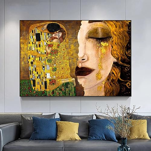 HOLEILUCK Der goldene Tränenkuss und Freyas Tränen, Leinwandgemälde, Poster und Druck, Gustav Klimt, Wandkunst, Bild, Heimdekoration, 85 x 130 cm/33 x 51 Zoll, mit schwarzem Rahmen von HOLEILUCK