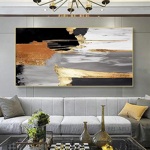 HOLEILUCK Goldene und grauschwarze Wandkunstbilder, große Drucke für das Wohnzimmer, gespannte, gerahmte Leinwandbilder, modern, abstrakt, 100 x 200 cm/39 x 78 Zoll mit goldenem Rahmen von HOLEILUCK