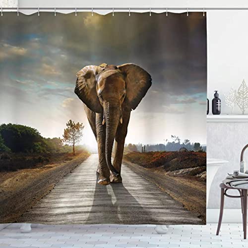 HOLEILUCK Grauer Elefant-Duschvorhang, 100 x 200 cm/39 x 79 Zoll (B x L), tropisches afrikanisches großes wildes Tier, Wald, Bäume, Landschaft, Polyestergewebe, Herbst-Badezimmer-Dekor von HOLEILUCK