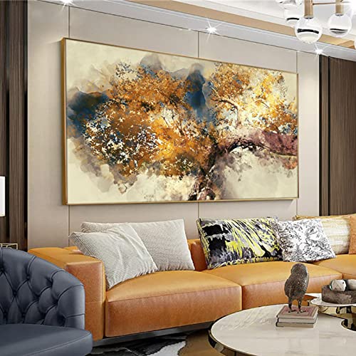 HOLEILUCK Große abstrakte Ölgemälde auf Leinwand, goldbraun, Ast, Bilder für Wohnzimmer, Schlafzimmer, Wandkunst, Zuhause, 70 x 150 cm (27,56 x 59,06 Zoll) mit Rahmen von HOLEILUCK